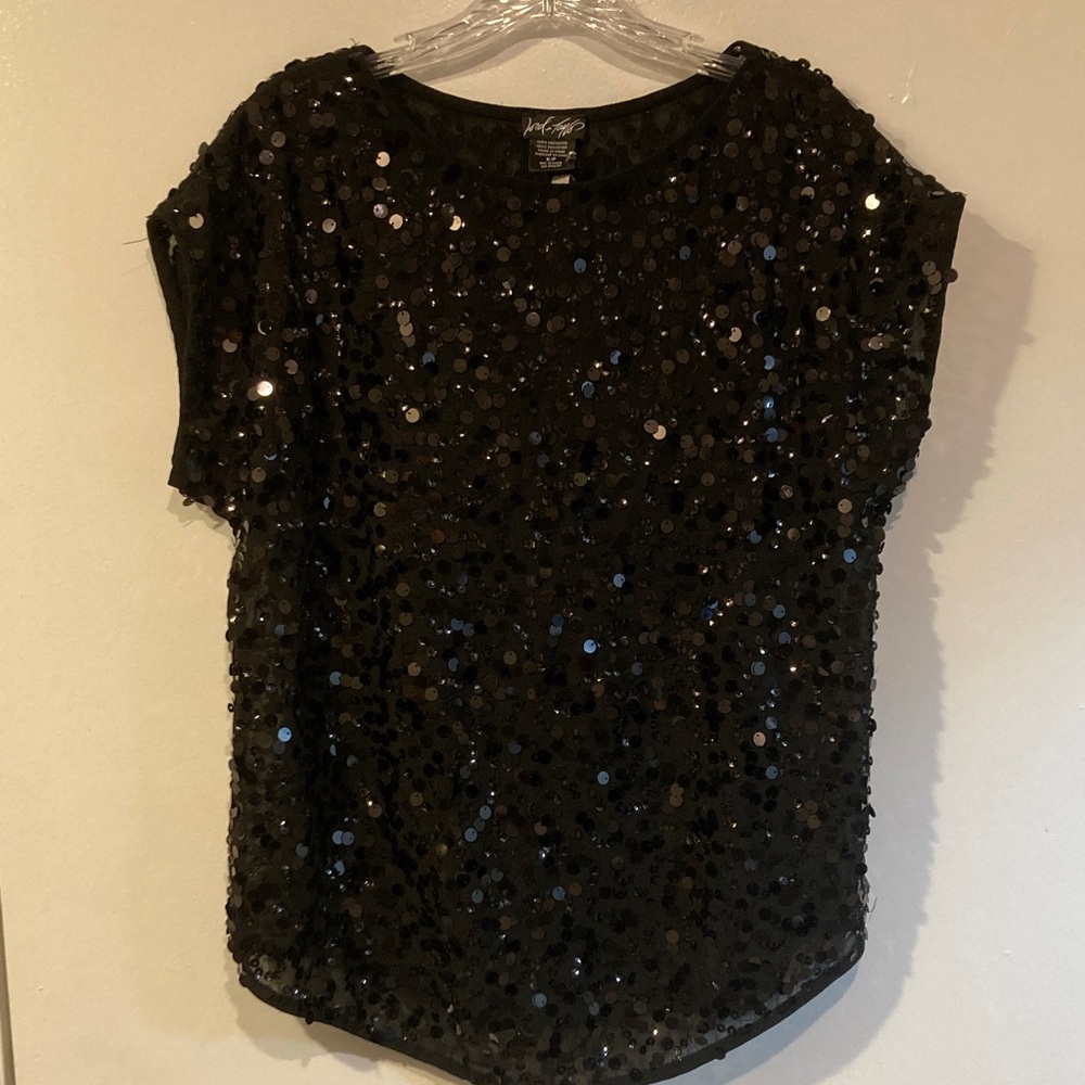 Lord & Taylor Black Sequin Short Sleeve Top